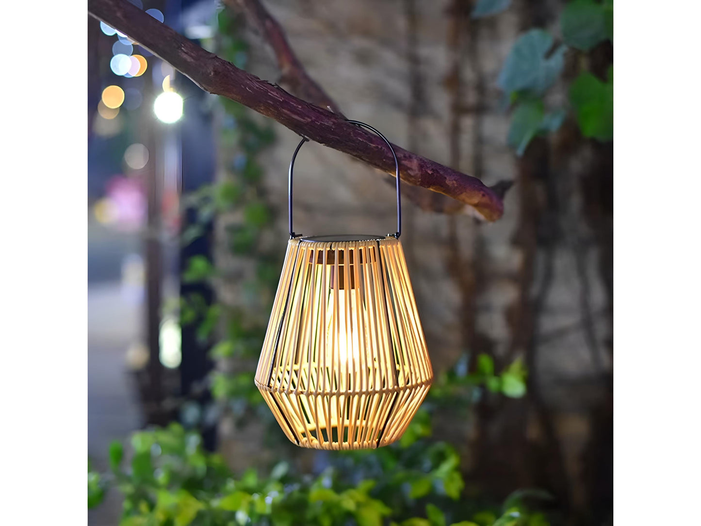 Solar Rattan Lantern Outdoor Waterproof Hanging Bamboo Light